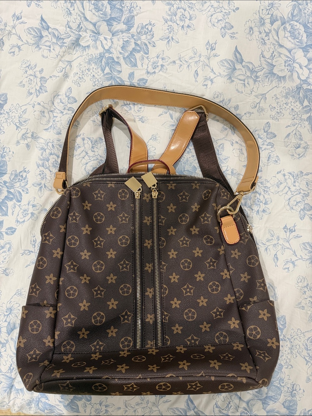 Monogram-Style Brown Backpack with Tan Accents with matching pouch wallet